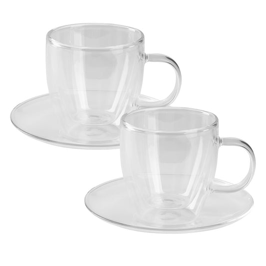 PIGNA MIDI, set od dve staklene šolje sa tacnama za cappuccino sa dvostrukim zidom, 2 x 150 ml, transparentni - Bela