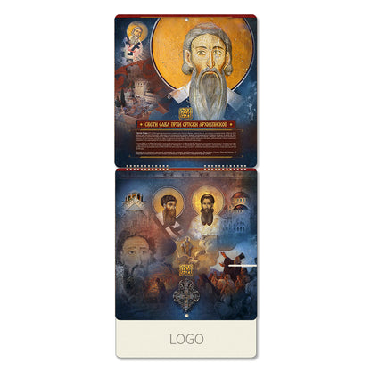 PRAVOSLAVNI 92, zidni kalendar: 15 listova, mesečni, 12 ikona urađeno u  tehnici zlatotisak